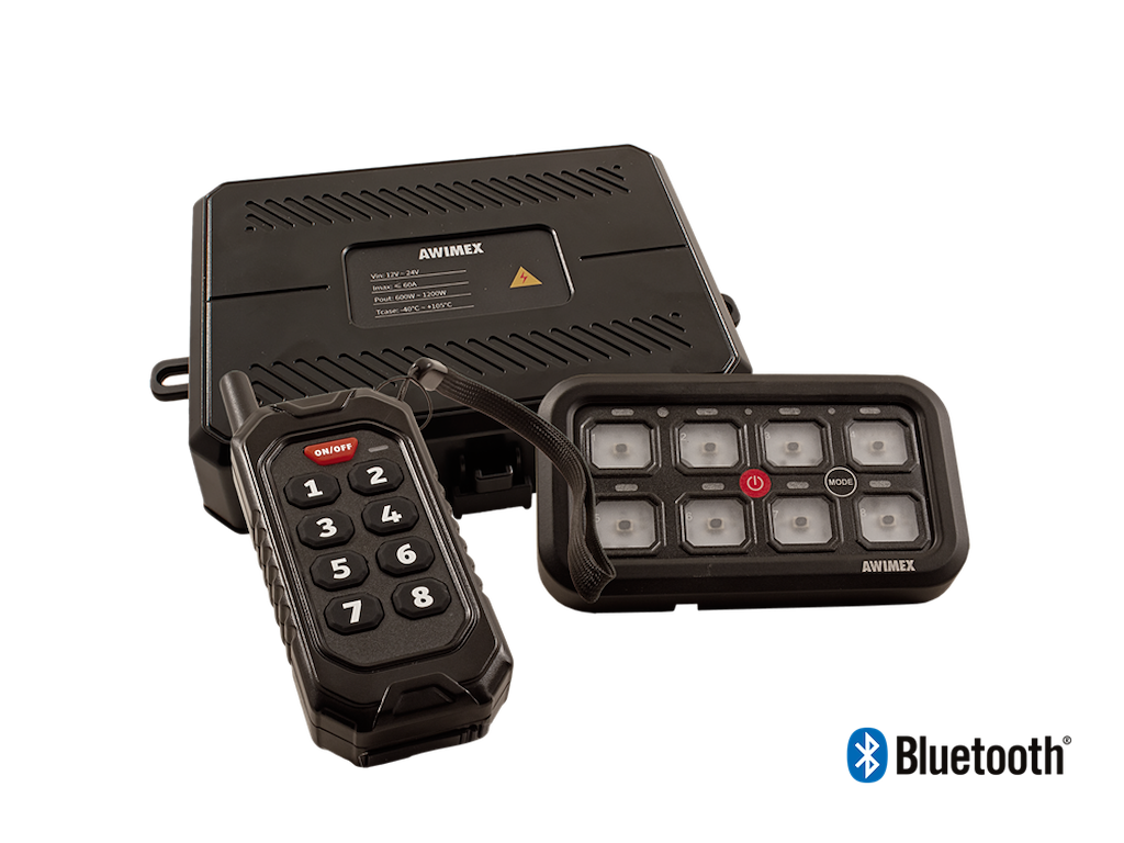 Switch Panel. 12-24V. 8 udgange. IP65.  inkl 50 stk symboler. Bluetooth. Trådløs Fjernbetjening. 